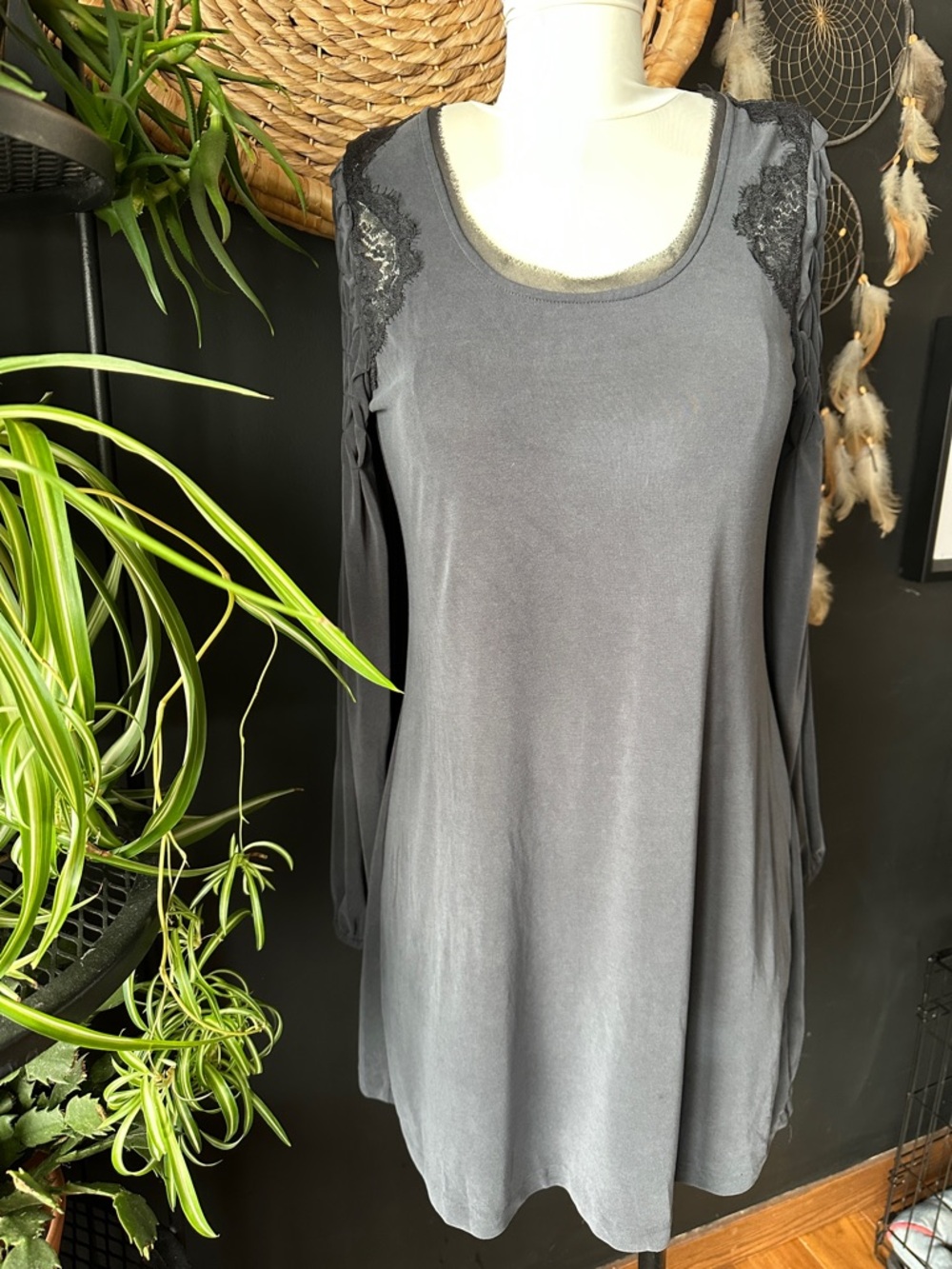 Free People Charcoal Gray Lace-Shoulder Long Sleeve Dress